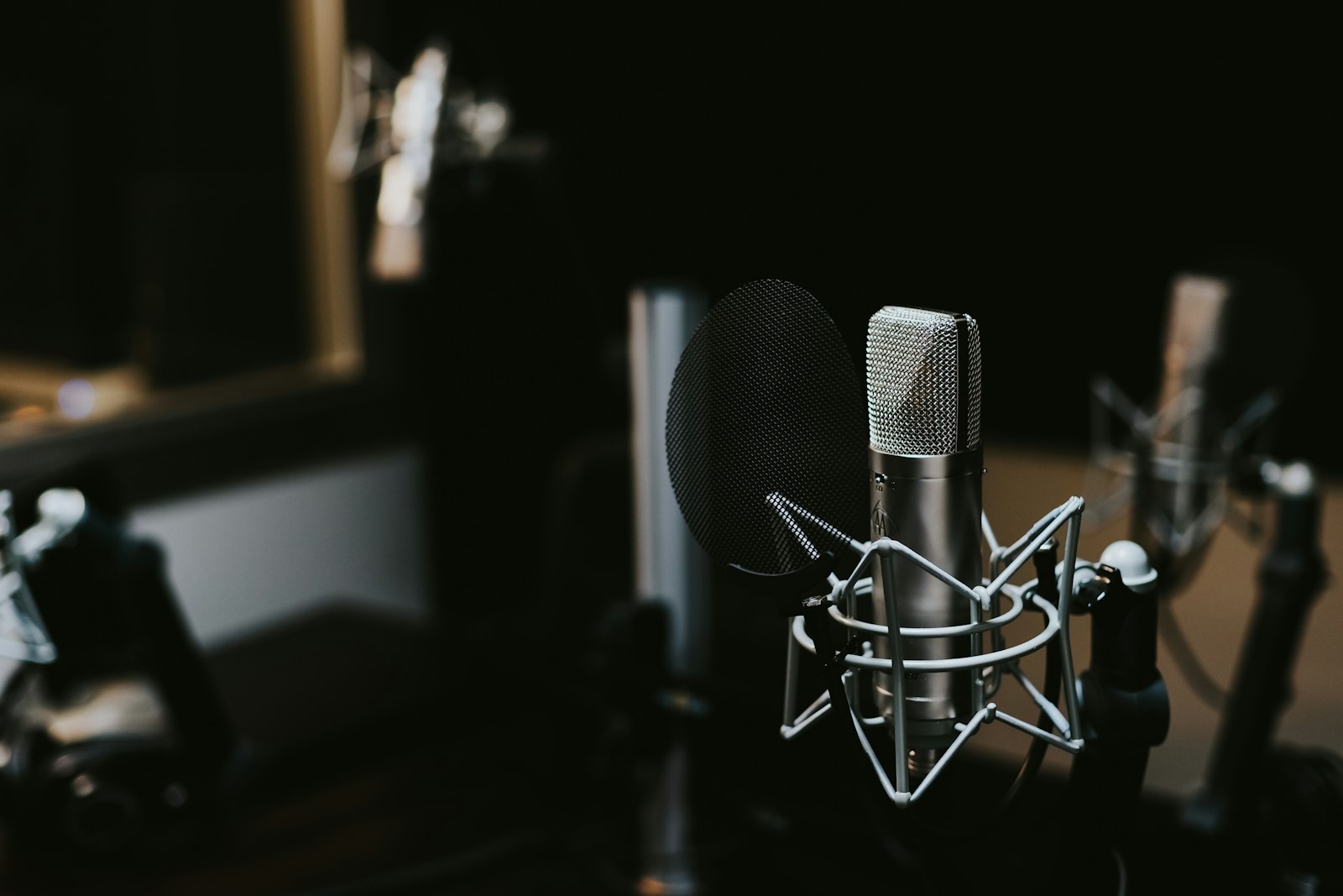 Podcast studio with microphones and mixing equipment