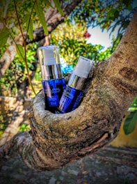 Two bottles of product with blue labeling are nestled in the crook of a tree. The background is a lush outdoor scene with green leaves and branches, creating a natural setting.