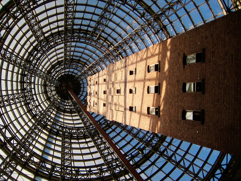 worms eye view of building inside clear glass dome