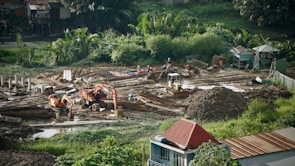 A construction site surrounded by lush greenery, featuring heavy machinery such as excavators and bulldozers working on moving soil. There are several piles of dirt and concrete pillars scattered throughout the site. Workers in hard hats are visible, indicating ongoing labor. The background includes small structures and dense vegetation.