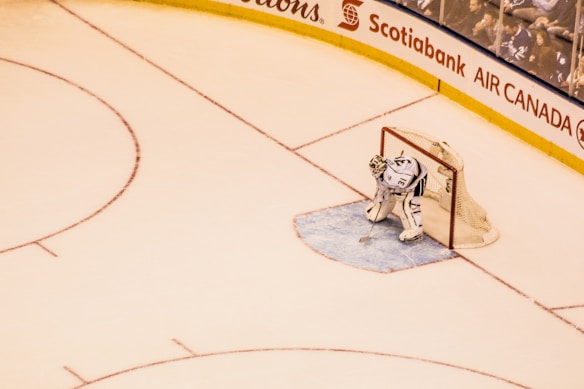 A hockey goalie stands in front of the net on an ice rink, preparing for the next play. The scene includes the goalie's crease and part of the rink with advertising along the boards. The goalie is wearing full protective gear and appears focused.