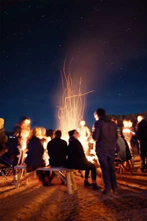 A group of people are gathered around a glowing campfire at night, under a starry sky. They are sitting on logs and benches, some standing, all facing the fire. The scene is illuminated by the warm light of the fire, with sparks and smoke rising into the night.