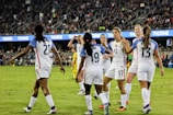 A group of female soccer players in white jerseys, with blue sleeves and red accents, are celebrating on a green field. They are high-fiving and appear to be in good spirits. The background shows a stadium filled with spectators, creating an energetic atmosphere.