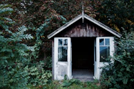 A rustic wooden shelter with a small entrance, nestled among plants.