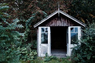 A rustic wooden shelter with a small entrance, nestled among plants.