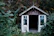 A cozy wooden shed surrounded by greenery with a saxophone resting on a workbench inside.