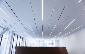 A modern interior space with a high ceiling featuring linear LED lighting strips and spotlights. The room has large floor-to-ceiling windows letting in natural light. The architecture is minimalist with an emphasis on clean, geometric lines.