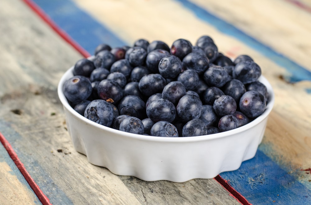 blueberries on white ceramic bowl