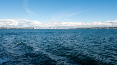A vast expanse of deep blue ocean is captured with gentle waves rippling across the surface. The horizon features a distant view of a city skyline nestled among hills. Fluffy white clouds are scattered across the bright blue sky.