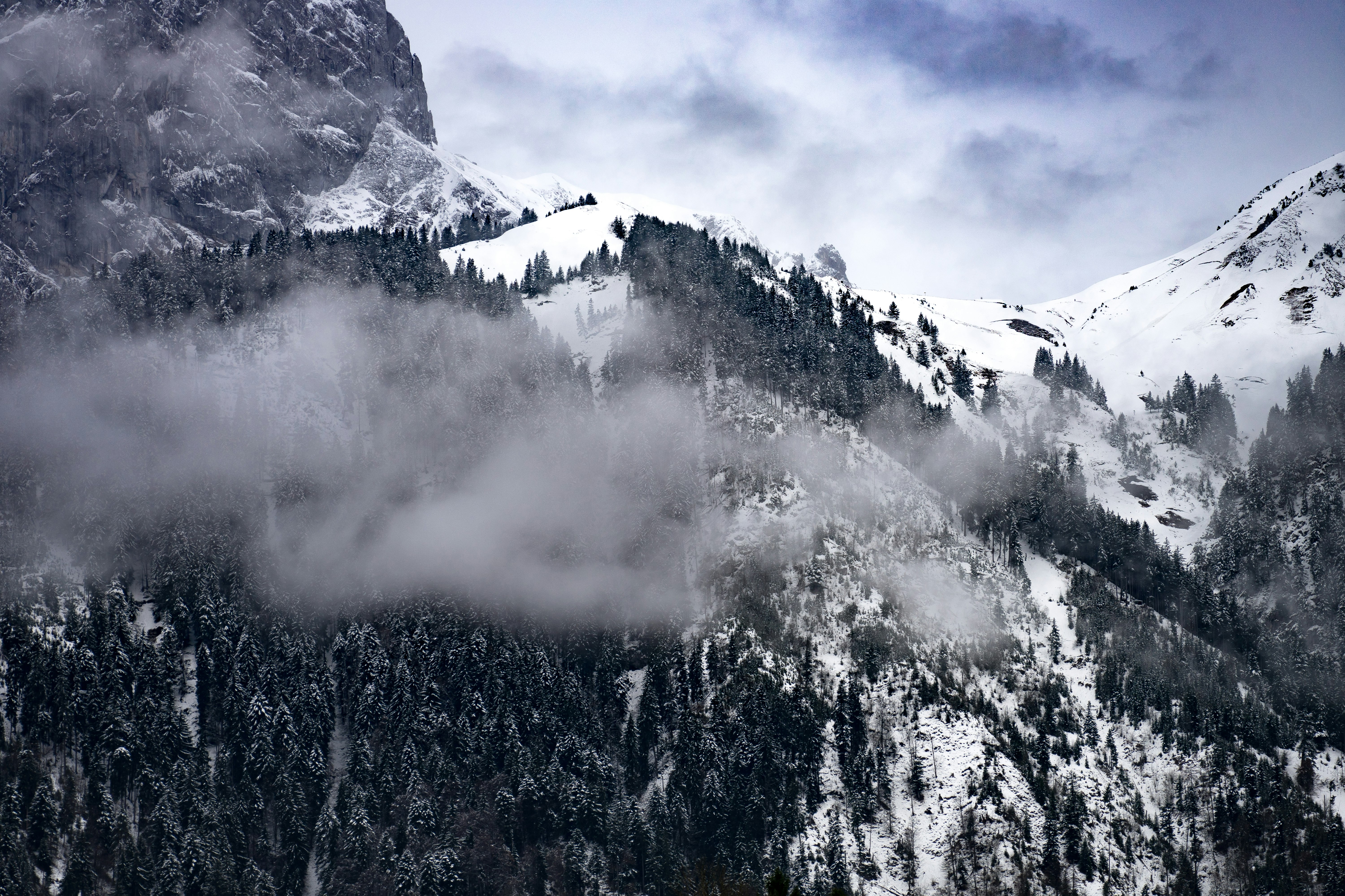 mountains with white snow and fog during daytime