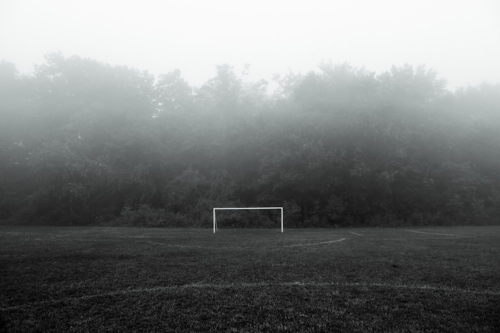 A far back shot of a soccer net in front of a forest on a foggy day.