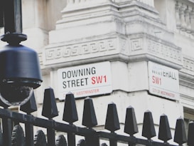 Two street signs are mounted on a stone building, reading 'Downing Street SW1' and 'Whitehall SW1'. A black surveillance camera is visible near a black iron fence with pointed tips.