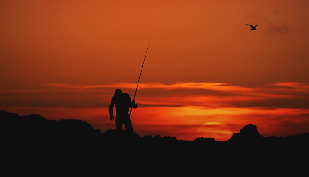 silhouette of 2 person holding fishing rods during sunset