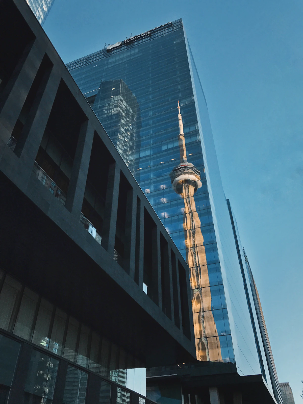 Toronto skyline with CN Tower and modern buildings reflected in Lake Ontario