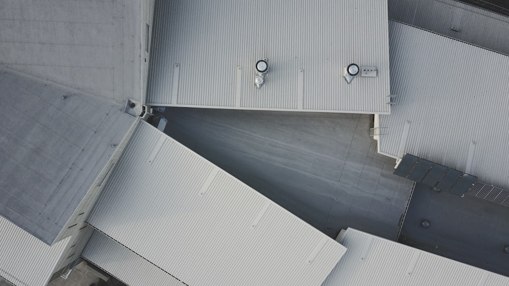 A drone shot of white industrial buildings