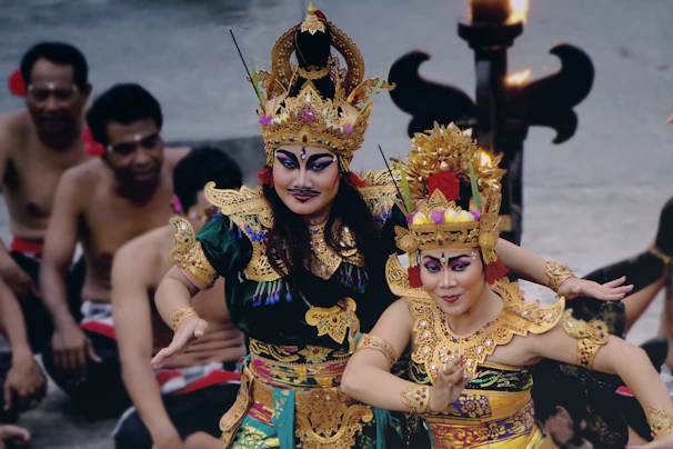 A traditional Balinese dancer mid-performance, vibrant costume and expressive pose.