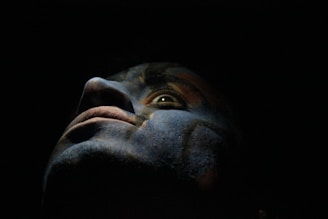 A close-up of a face with dramatic lighting, casting shadows that create a mysterious and intense atmosphere. The colors appear to be painted or enhanced, adding a surreal and artistic quality.