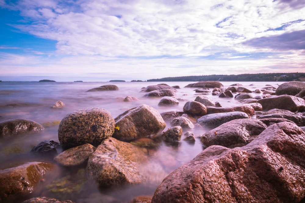 brown rocks beside beach