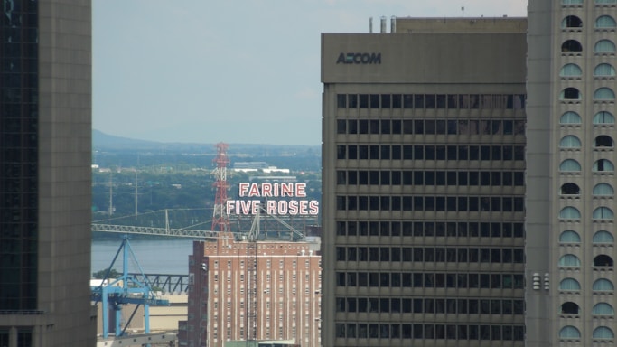 An urban scene featuring tall buildings in the foreground, between which a red and white neon sign reading 'FARINE FIVE ROSES' is partially visible. In the background, a river and bridge are seen with greenery and distant hills.