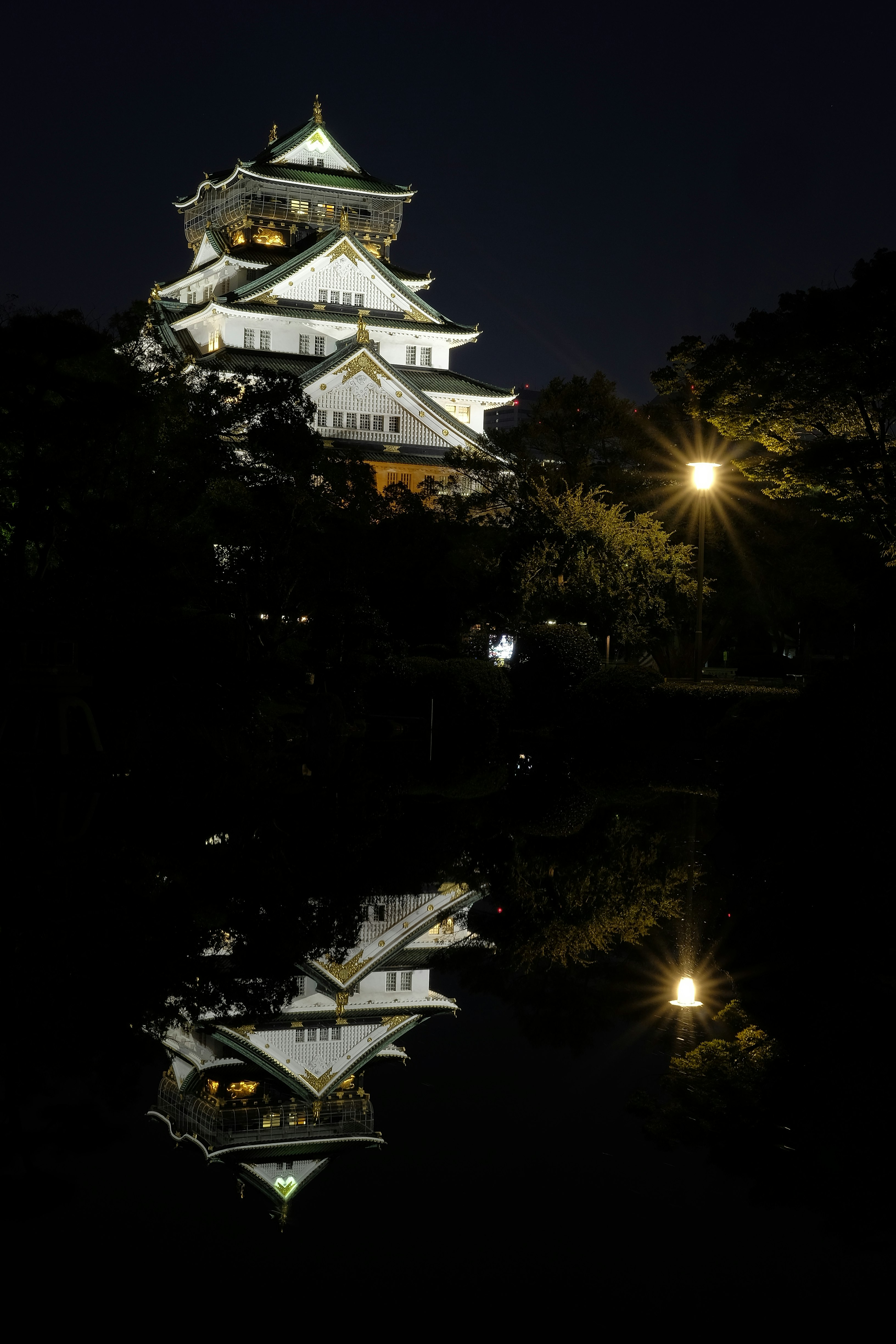 A tall temple reflecting off the water at night.