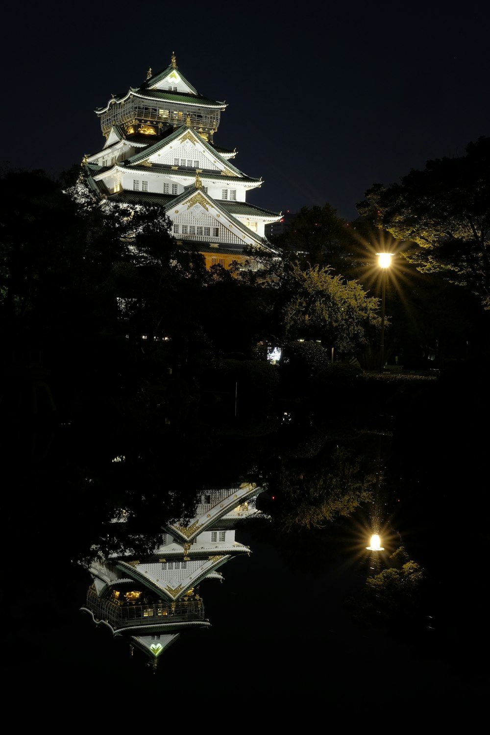 Un templo alto que se refleja en el agua por la noche.