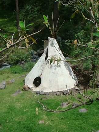 A traditional teepee made of canvas is set up outdoors surrounded by lush greenery. The structure has a circular opening as its entrance, and wooden poles extend upwards from its apex. The ground is covered with grass and there are scattered rocks around the teepee.