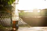 A glass soda bottle containing a dark liquid is placed on a wooden surface with blurred greenery in the background. Sunlight creates a warm glow around the bottle, casting shadows on the surface.