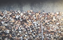 A large stack of chopped firewood is neatly arranged against a concrete wall. The wood pieces vary in size and color, including hues of brown, beige, and white. The weathered texture of the wood contrasts with the rough surface of the background.