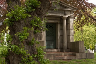 A large tree with lush green leaves partially obscures a stone mausoleum with classic columns and an engraved name at the top. The structure is set in a verdant area with additional trees and gravestones visible in the background.