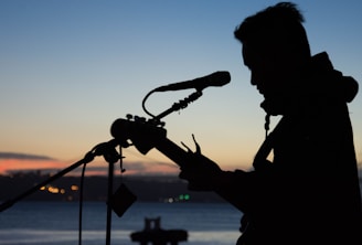 A silhouette of a musician playing the guitar and singing into a microphone set against a twilight sky. The background features a serene body of water and distant city lights, creating a peaceful ambiance.