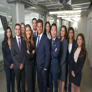 A group of ten professionally dressed individuals standing together in an office environment, smiling and exuding confidence.