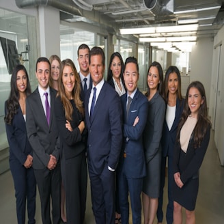 A group of ten professionally dressed individuals standing together in an office environment, smiling and exuding confidence.