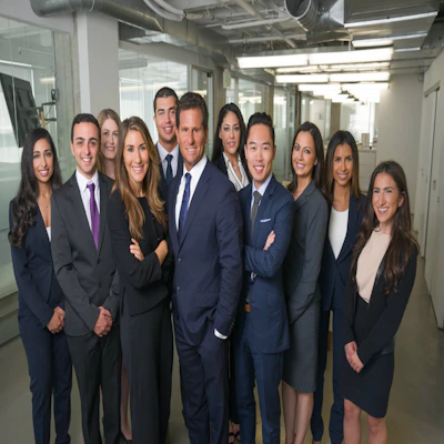 A group of warehouse employees wearing matching tailored shirts with company logos, standing confidently in their workspace.