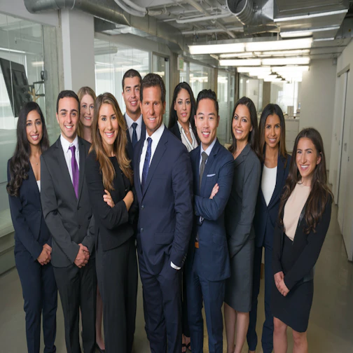 A group of employees wearing matching custom printed t-shirts in a bright office space.