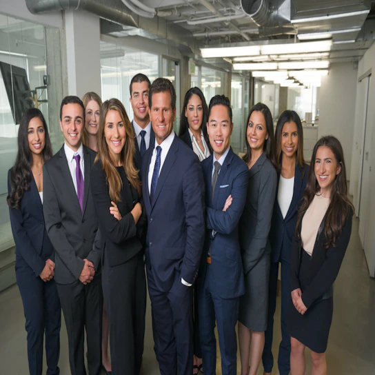 A confident team of consultants reviewing tender documents together in a bright office.