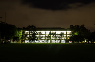 Nighttime shot of a well-lit building powered by VoltGhana’s electrical setup.