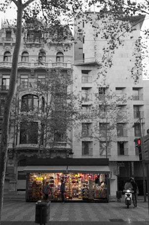 A vibrant kiosk full of colorful goods is situated on a city street, standing out against its grayscale urban surroundings. The building facades in the background are old and ornate, partially obscured by bare-branched trees. A lone motorcyclist is paused at a red traffic light nearby, next to a decorative pavement.
