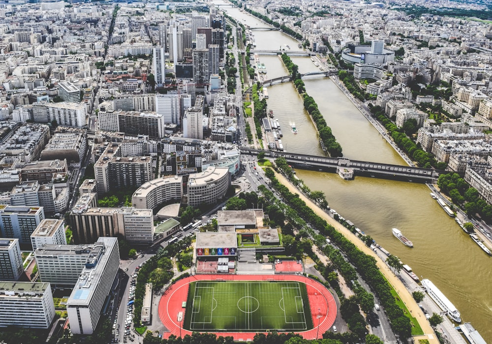 areal view of river surrounded by buildings