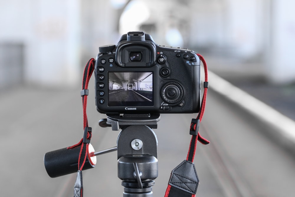 selective focus photo of black Canon DSLR camera on tripod