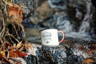 A white enamel mug with red trim and the text 'The Adventure Begins' is placed on a wet, rocky surface surrounded by fallen autumn leaves. The background is blurred, enhancing the focus on the mug.