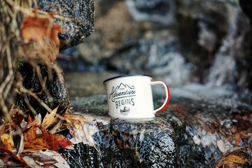 A white enamel mug with red trim and the text 'The Adventure Begins' is placed on a wet, rocky surface surrounded by fallen autumn leaves. The background is blurred, enhancing the focus on the mug.