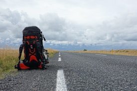 A large hiking backpack rests on the side of a long, empty road that stretches into the distance. The sky is overcast with thick, gray clouds, and golden fields of grass line the road on either side. The setting conveys a sense of solitude and adventure.