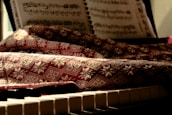 A sheet of music rests on a stand above a piano keyboard. A textured fabric with intricate patterns covers parts of the piano, with sunlight casting warm tones and soft shadows over the scene.