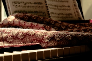 A sheet of music rests on a stand above a piano keyboard. A textured fabric with intricate patterns covers parts of the piano, with sunlight casting warm tones and soft shadows over the scene.