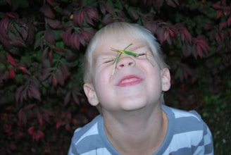 A child with blonde hair is outdoors, standing in front of leafy plants with reddish-green foliage. A green grasshopper is perched on the child's nose. The child appears to be smiling or grimacing playfully.