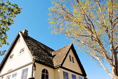 Charming dark gray and gold-accented house surrounded by greenery under a clear sky.
