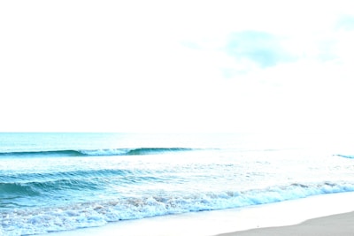 A bright, sunlit ocean shore with waves softly lapping against the sand under a clear blue sky.