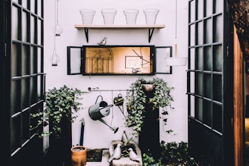 An outdoor space with a focus on gardening, featuring green ivy plants climbing up on two black pillars. A weathered watering can hangs prominently as part of the decor. Above, a wooden shelf holds wire baskets and a decorative bird. The scene includes lanterns suspended from the ceiling and a centered mirror reflecting an indoor space.