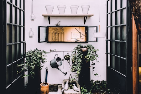An outdoor space with a focus on gardening, featuring green ivy plants climbing up on two black pillars. A weathered watering can hangs prominently as part of the decor. Above, a wooden shelf holds wire baskets and a decorative bird. The scene includes lanterns suspended from the ceiling and a centered mirror reflecting an indoor space.