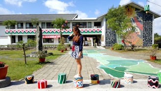 A vibrant, inviting graphic showing a woman stepping out of a dull routine into a lively social scene.